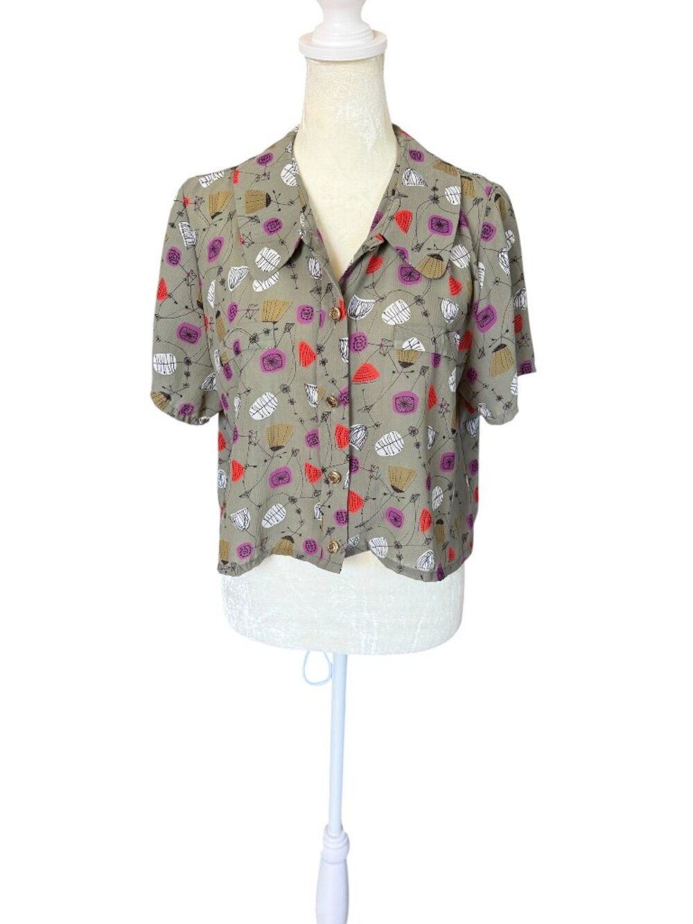 Ark Reworks sage green perpetua design short sleeve collared button down shirt